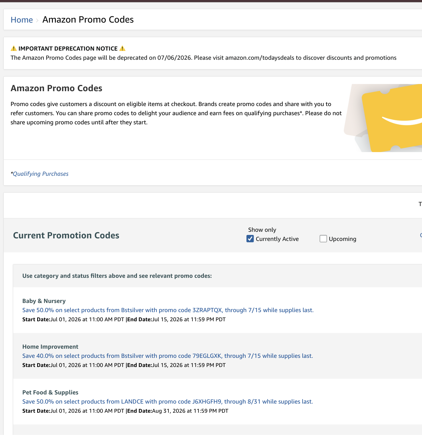Amazon Promo Codes page with a deprecation notice.